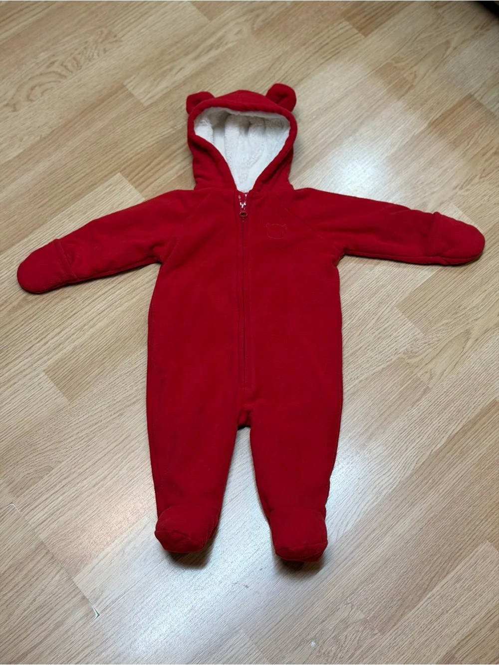 Old Navy Baby Red Sherpa Lined Bear Ear Bunting 3-6M Hooded Footed Cozy